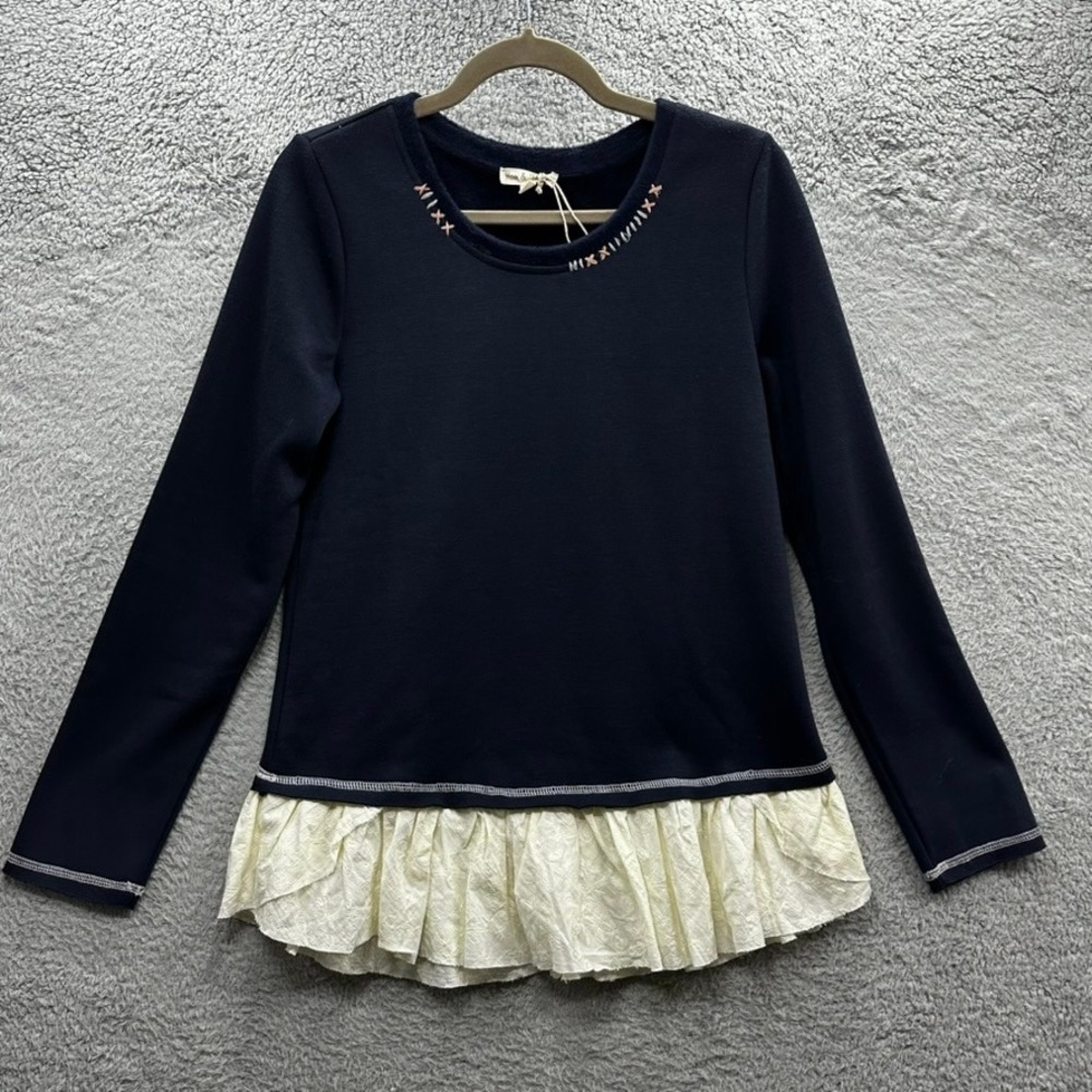 NWOT Hem & Thread Medium Navy Blue Long Sleeve Top Embroidered Lace Ruffle Hem